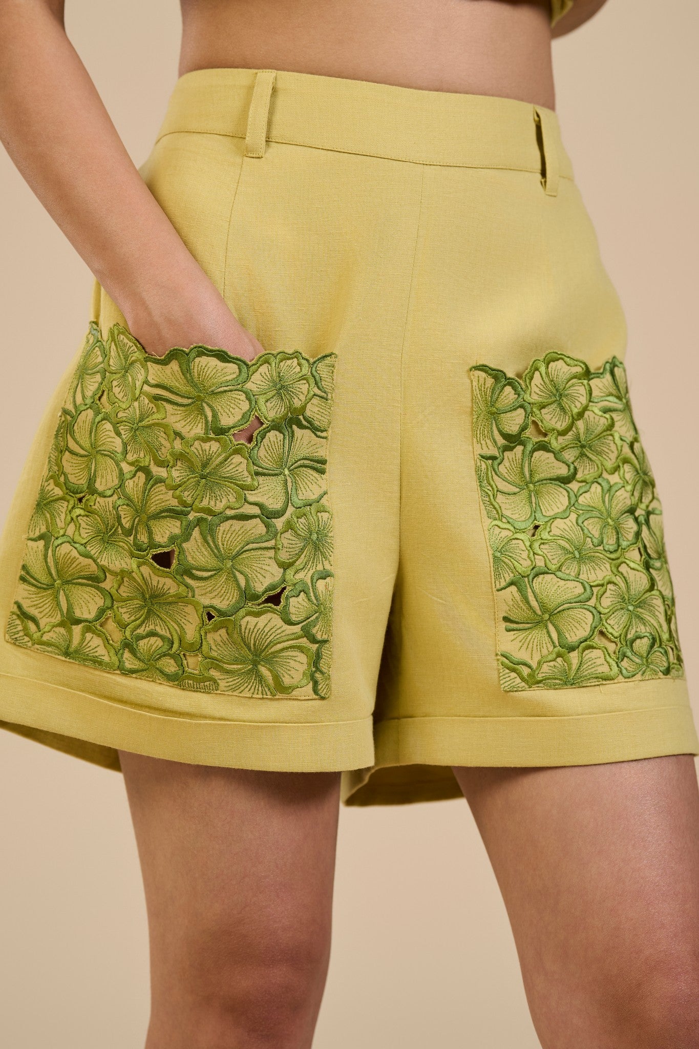 Lime Green Shorts with embroidered pockets